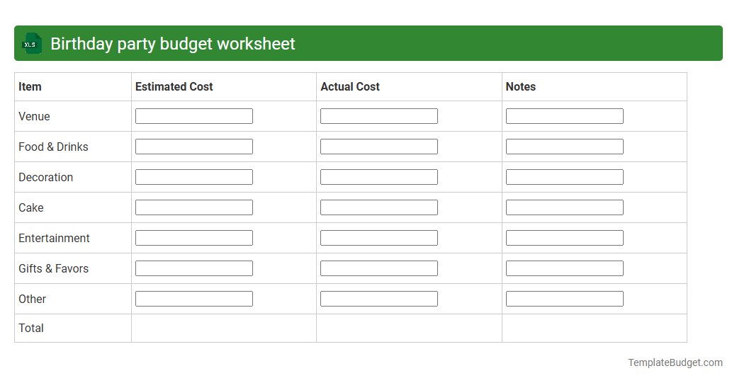 Birthday party budget worksheet