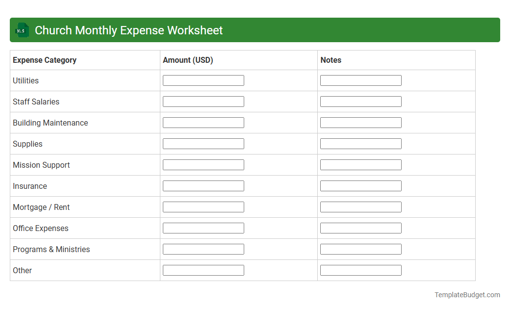 Church Monthly Expense Worksheet