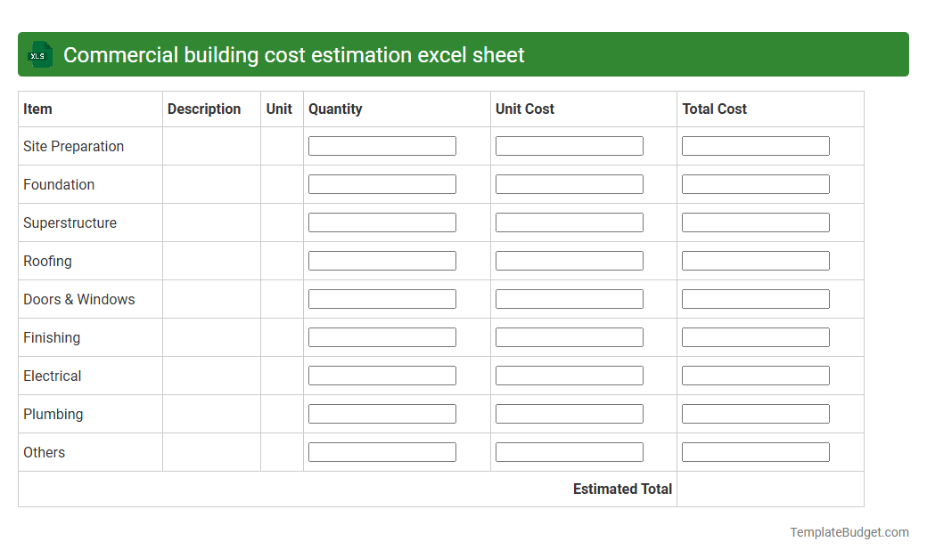 Commercial building cost estimation excel sheet