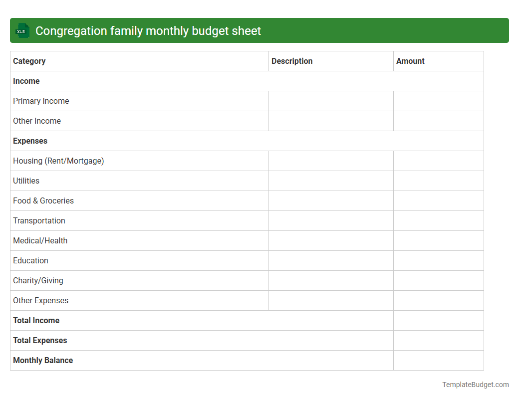 Congregation family monthly budget sheet