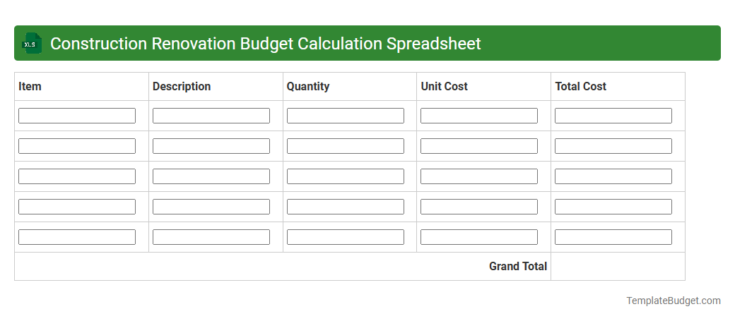 Construction Renovation Budget Calculation Spreadsheet