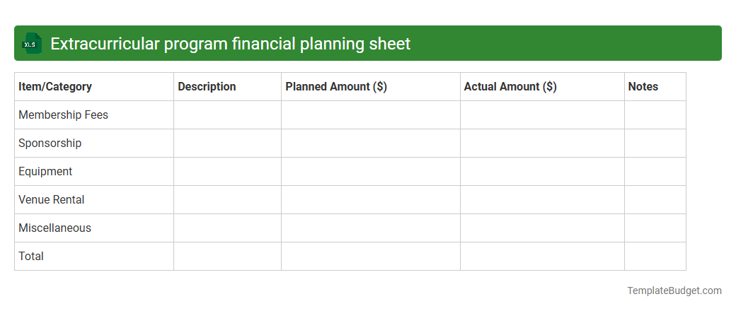 Extracurricular program financial planning sheet