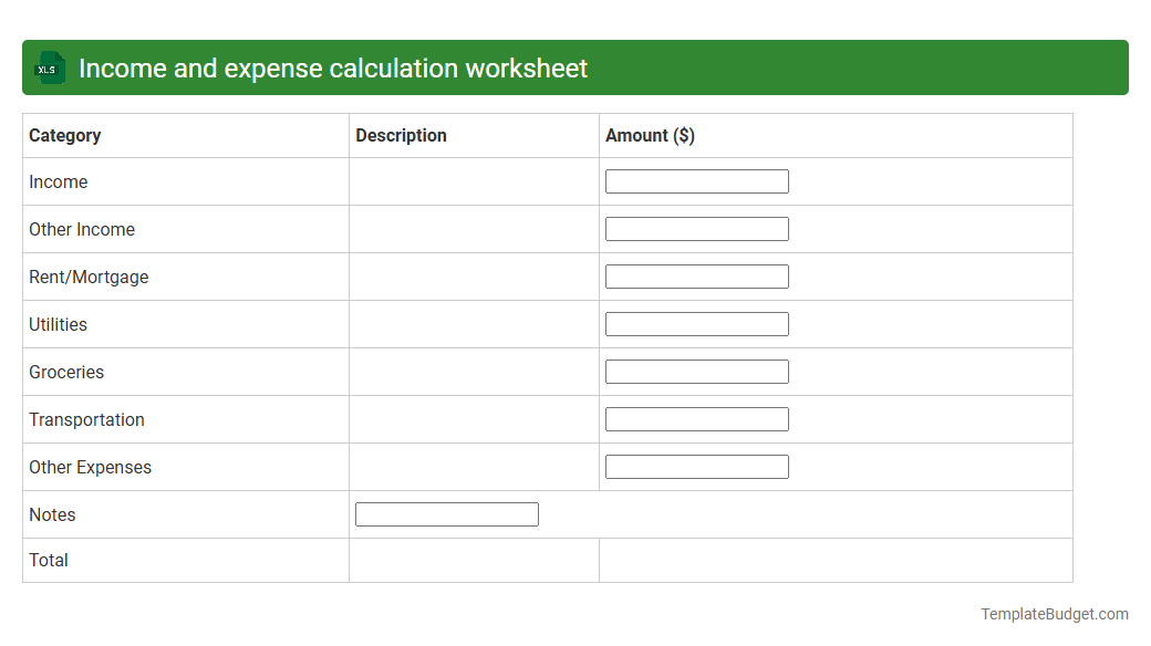Income and expense calculation worksheet