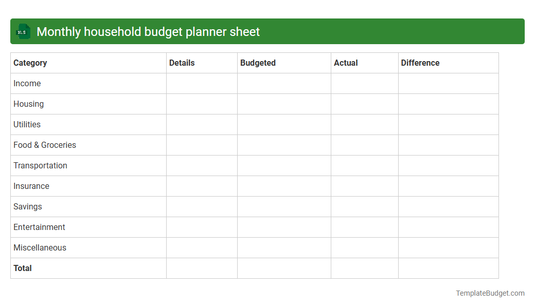 Monthly household budget planner sheet