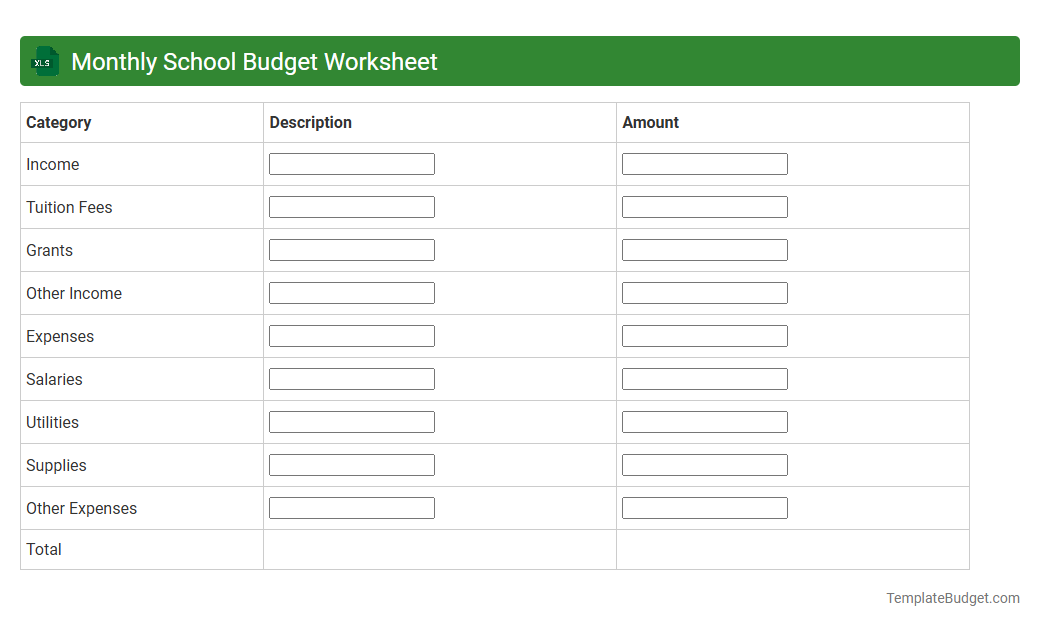 Monthly School Budget Worksheet