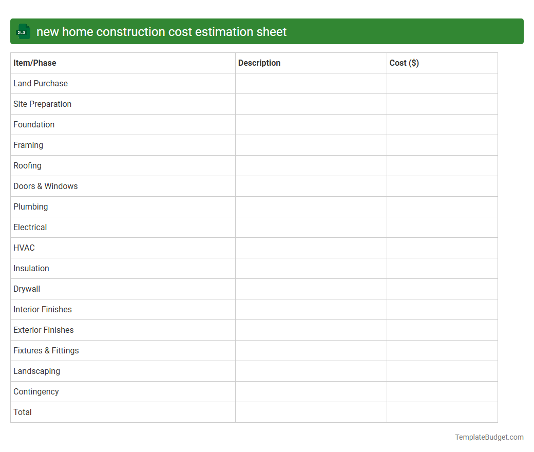 new home construction cost estimation sheet