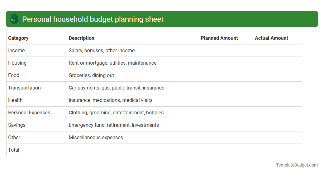 Personal household budget planning sheet
