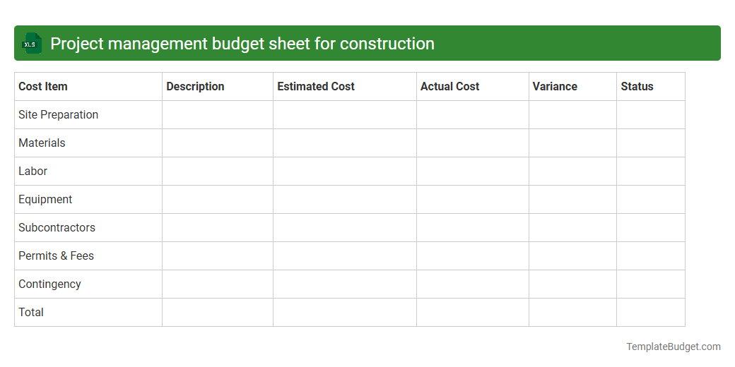 Project management budget sheet for construction
