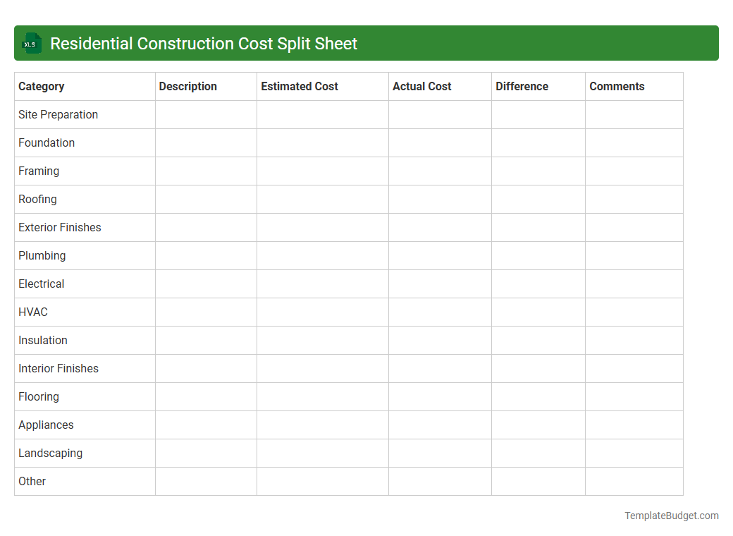 Residential Construction Cost Split Sheet