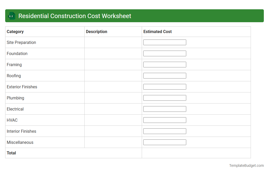 Residential Construction Cost Worksheet