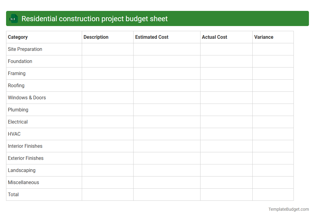 Residential construction project budget sheet