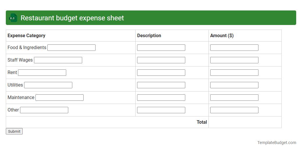 Restaurant budget expense sheet