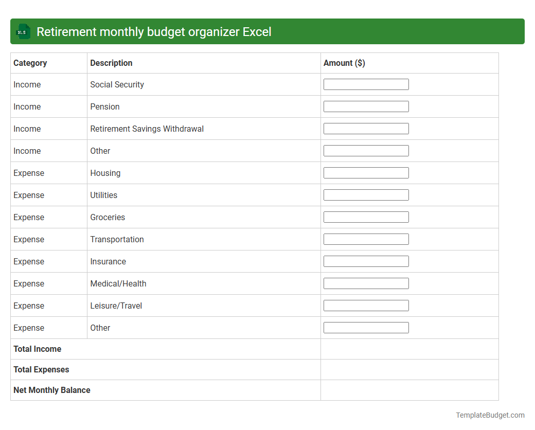Retirement monthly budget organizer Excel