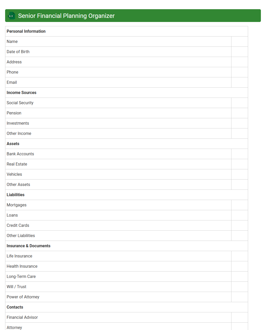 Senior Financial Planning Organizer