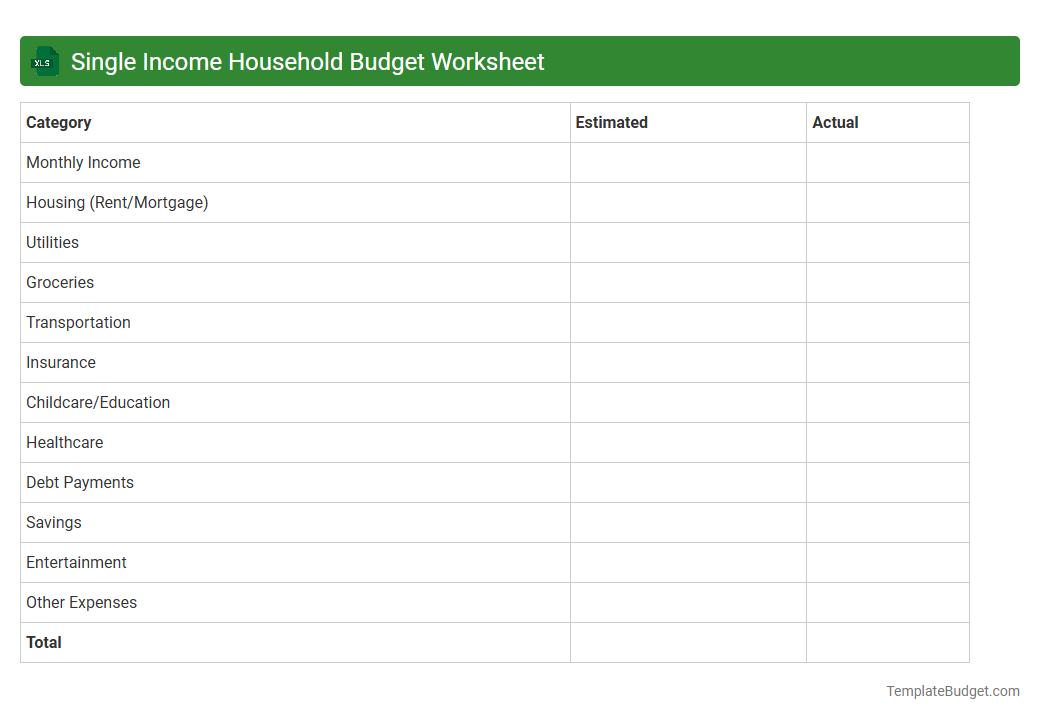 Single Income Household Budget Worksheet