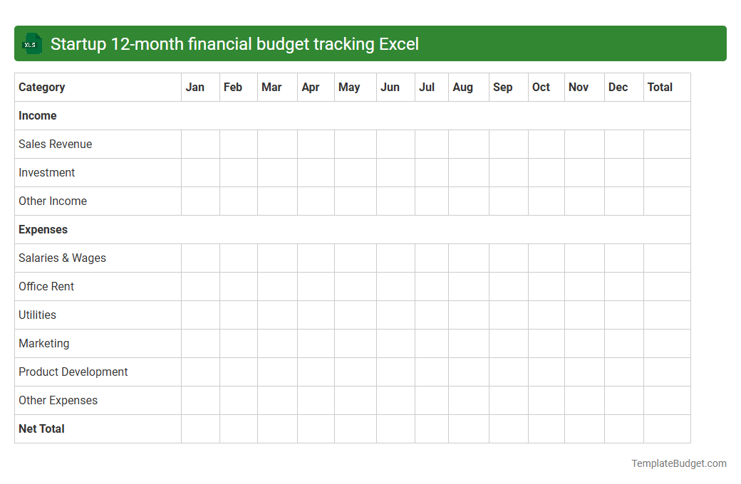 Startup 12-month financial budget tracking Excel