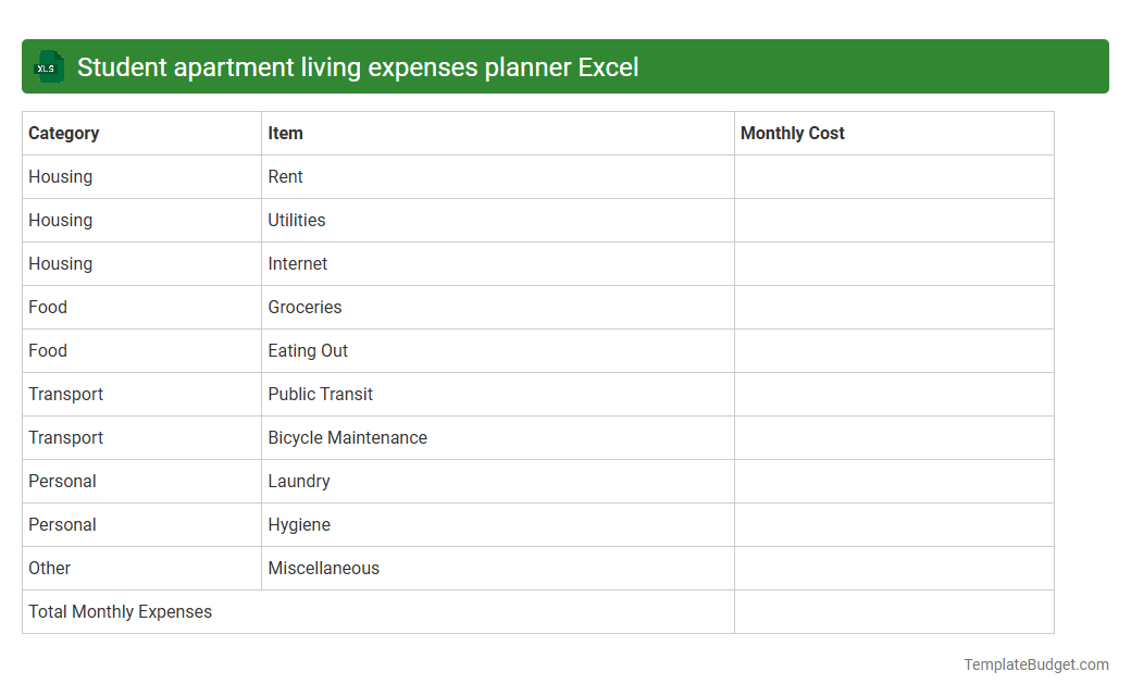 Student apartment living expenses planner Excel
