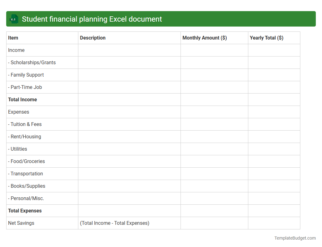 Student financial planning Excel document