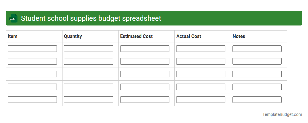 Student school supplies budget spreadsheet