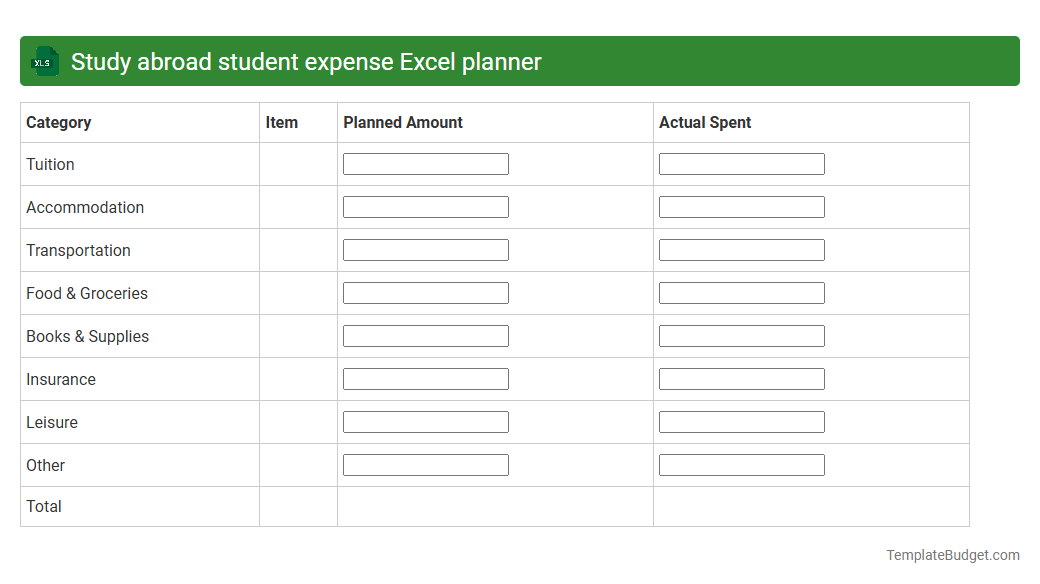 Study abroad student expense Excel planner