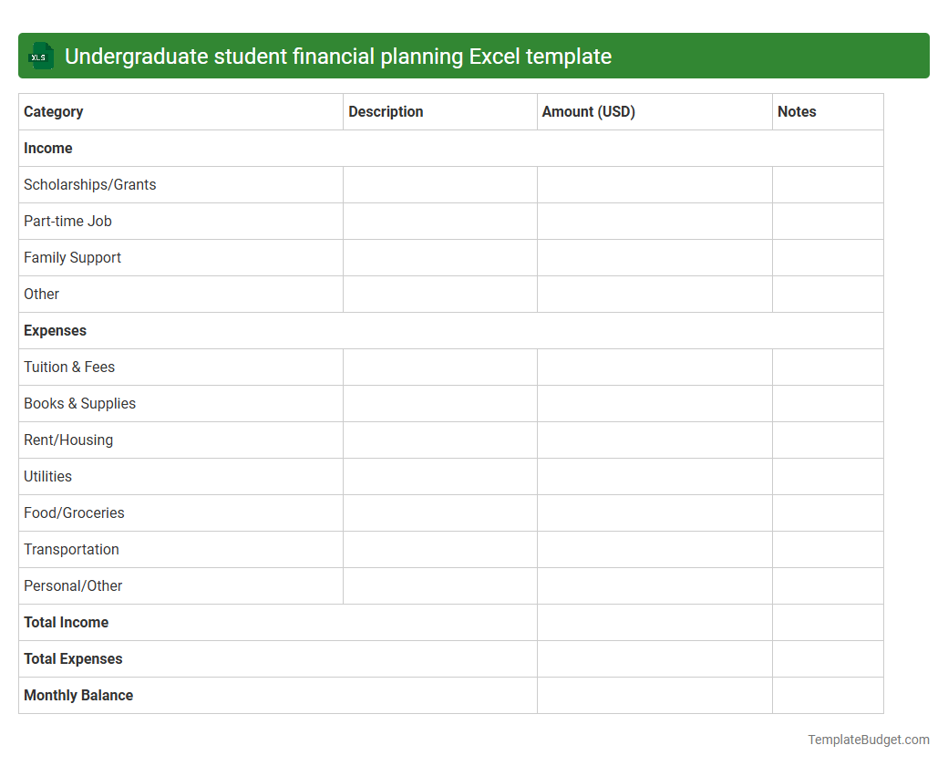 Undergraduate student financial planning Excel template