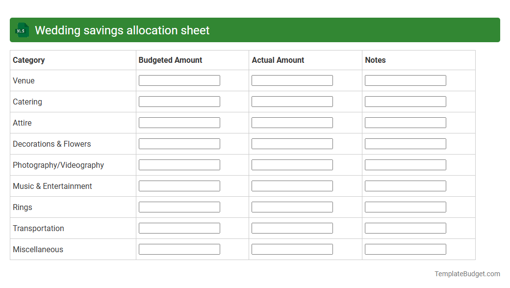 Wedding savings allocation sheet