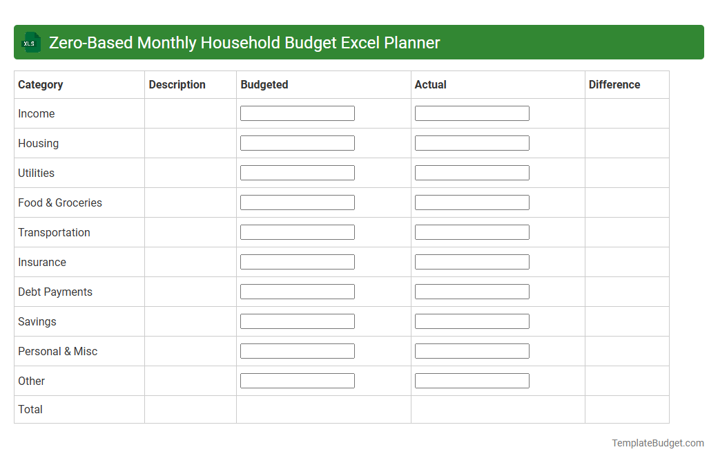 Zero-Based Monthly Household Budget Excel Planner