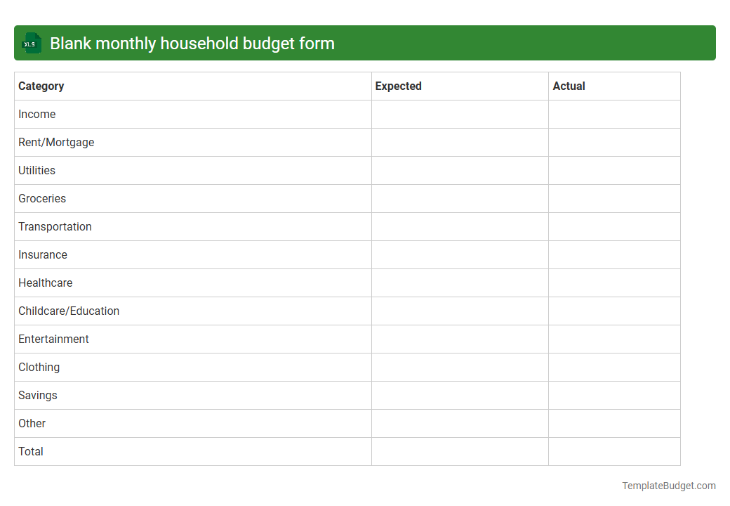 Blank monthly household budget form