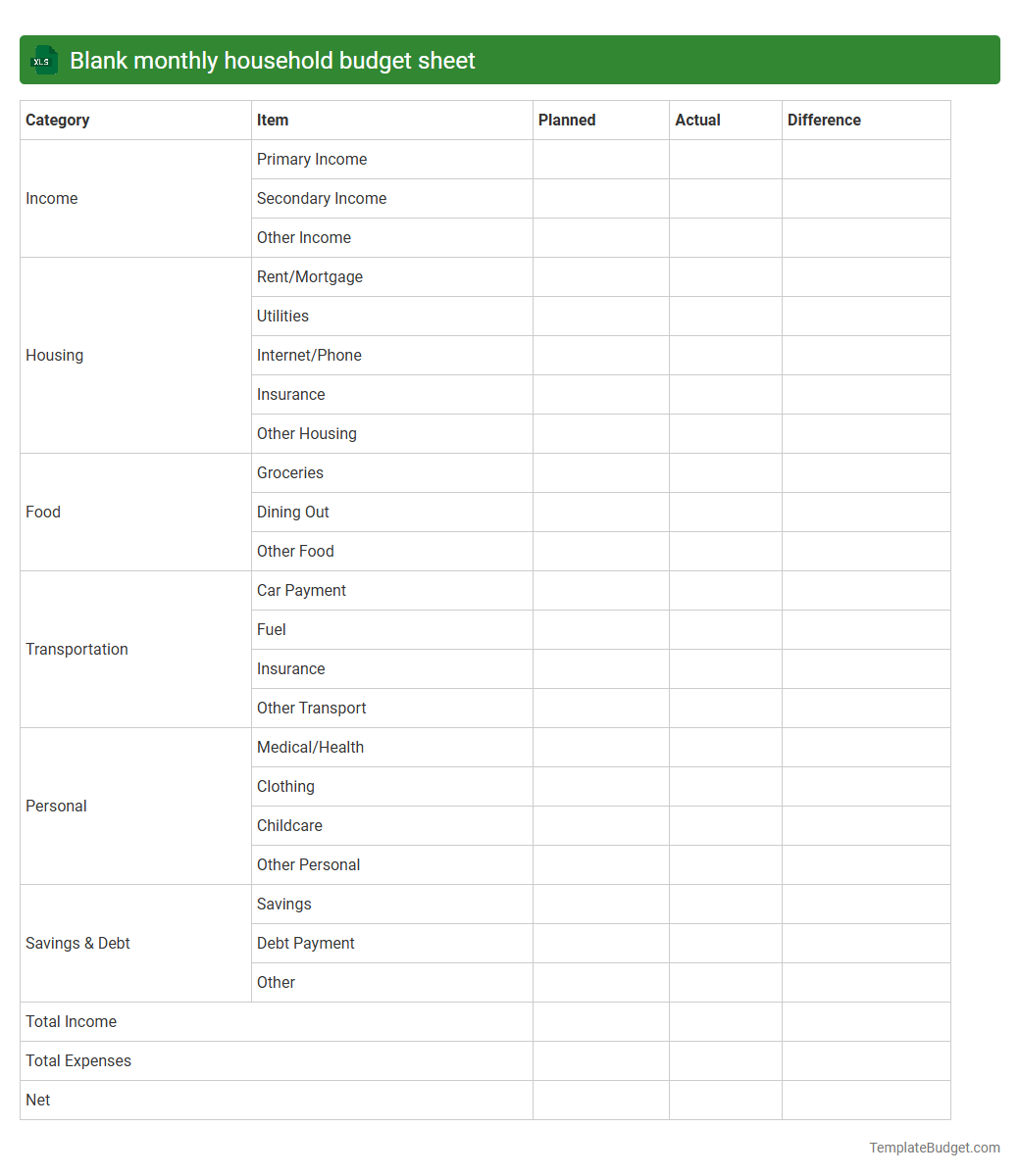 Blank monthly household budget sheet