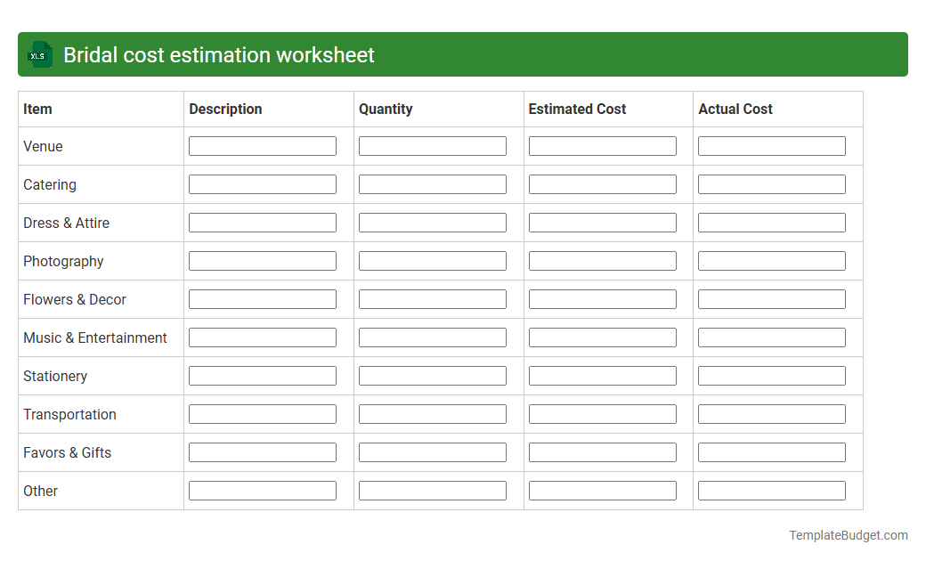 Bridal cost estimation worksheet