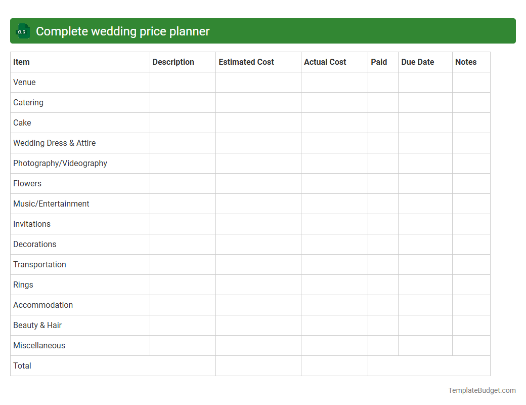 Complete wedding price planner