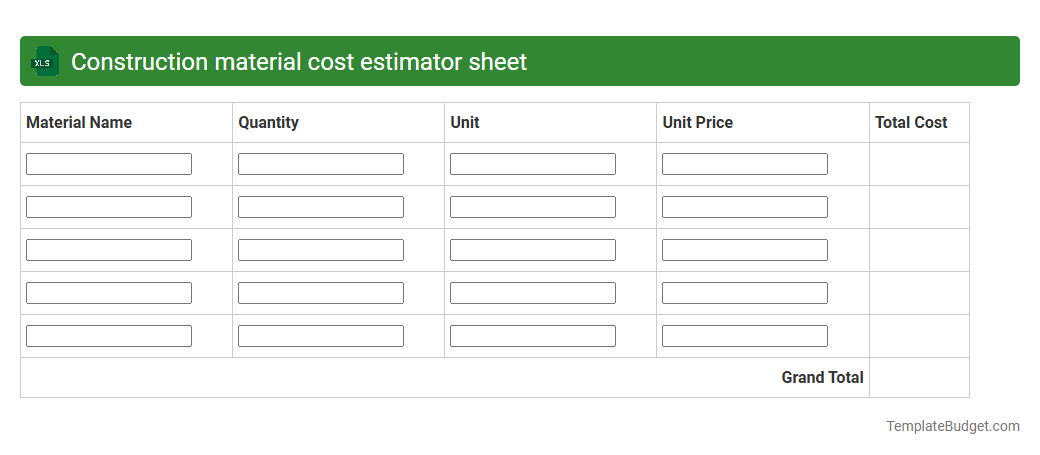 Construction material cost estimator sheet