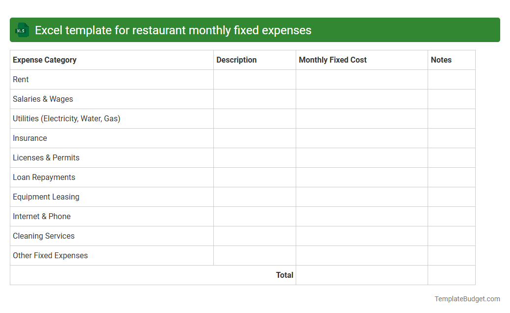 Excel template for restaurant monthly fixed expenses