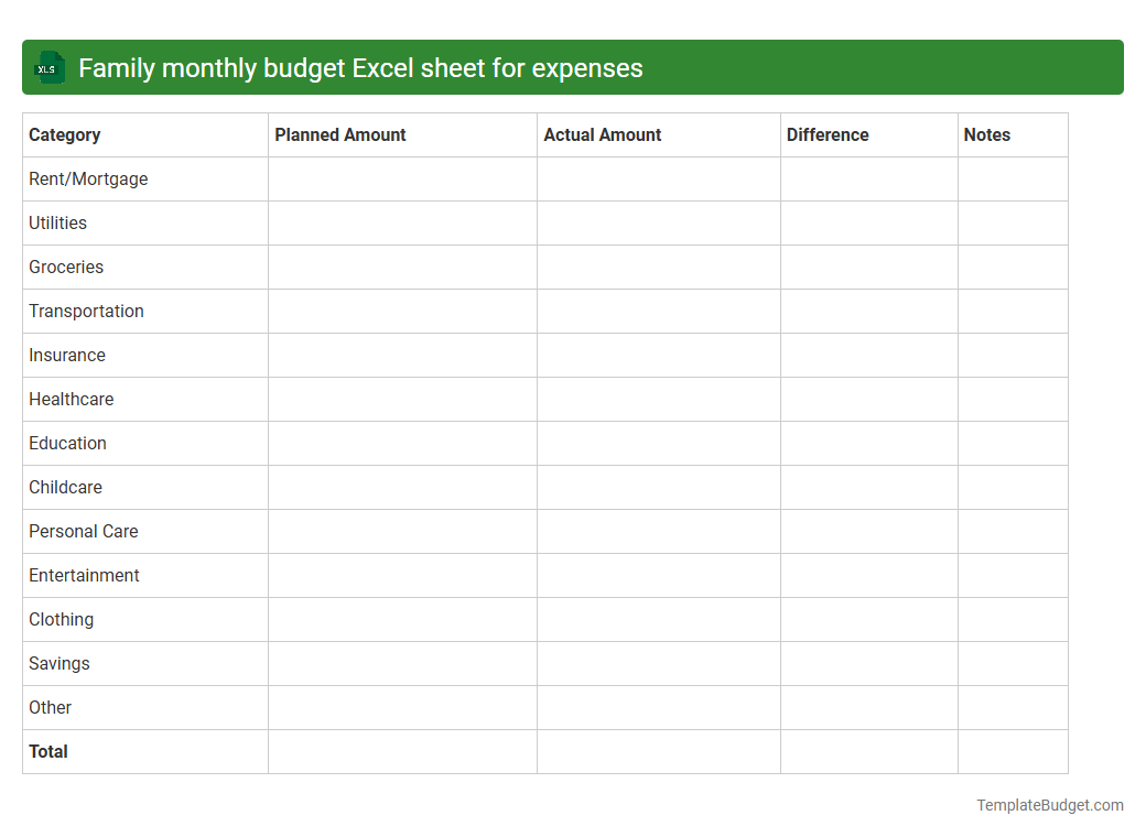 Family monthly budget Excel sheet for expenses