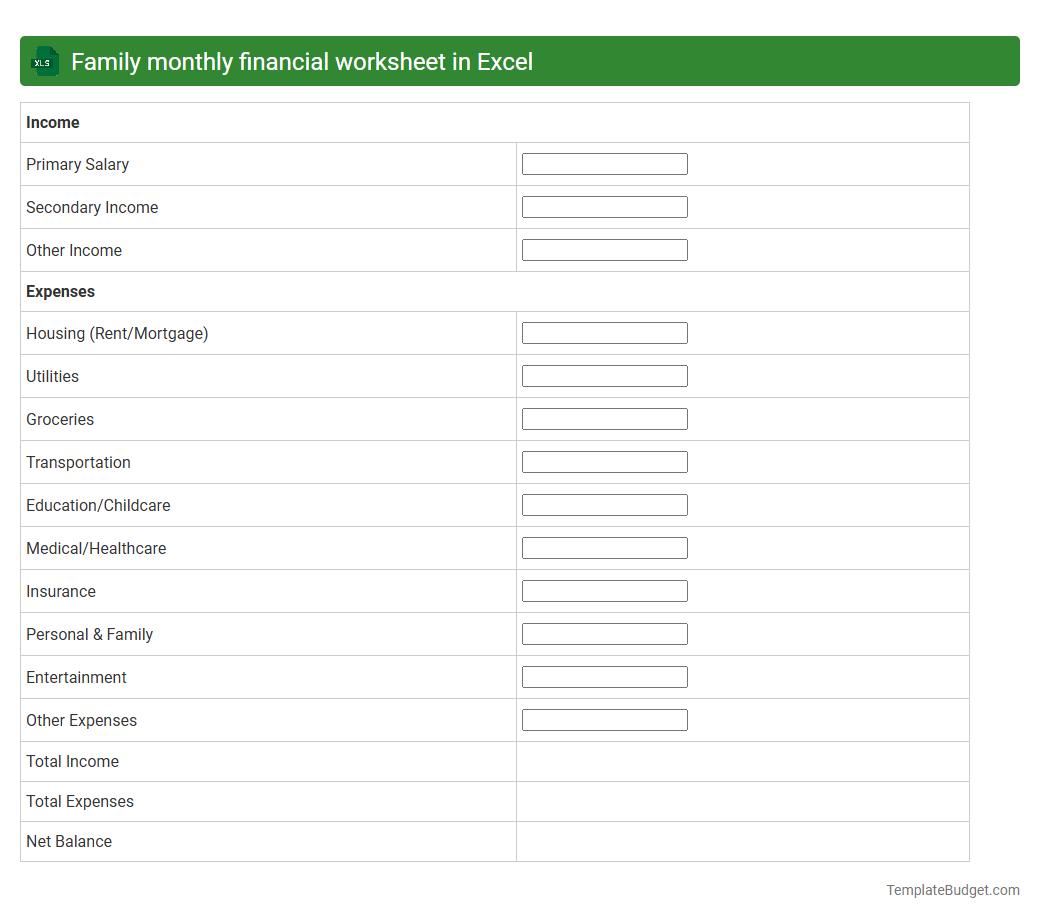 Family monthly financial worksheet in Excel
