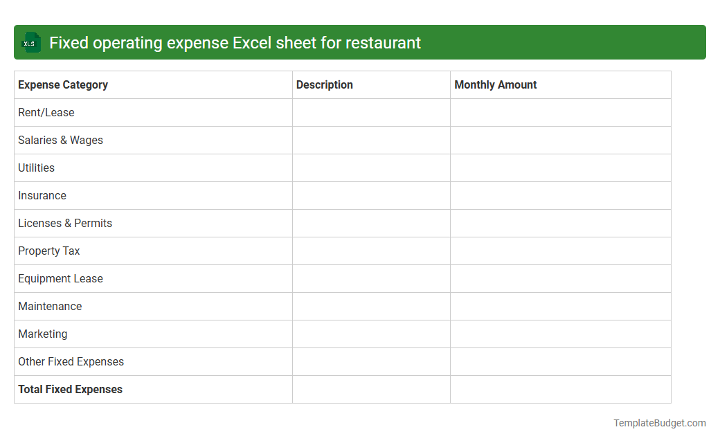 Fixed operating expense Excel sheet for restaurant