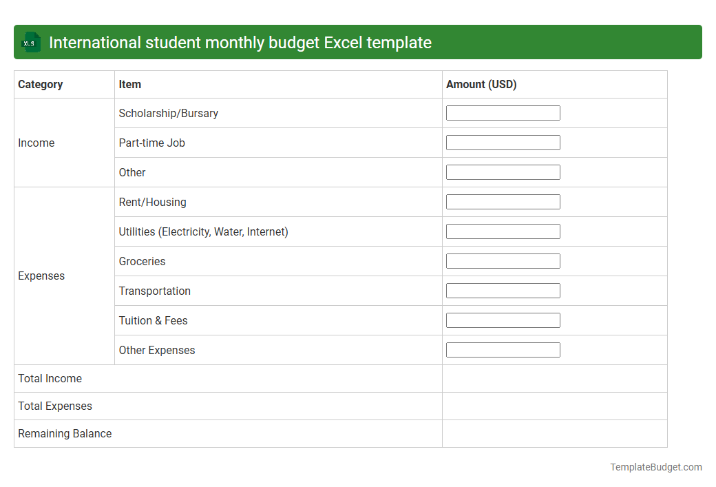 International student monthly budget Excel template