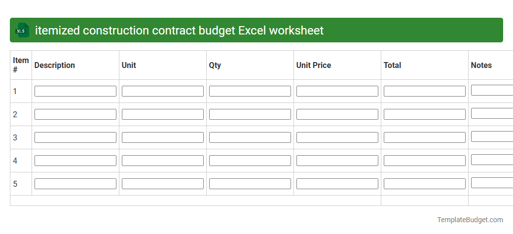 itemized construction contract budget Excel worksheet