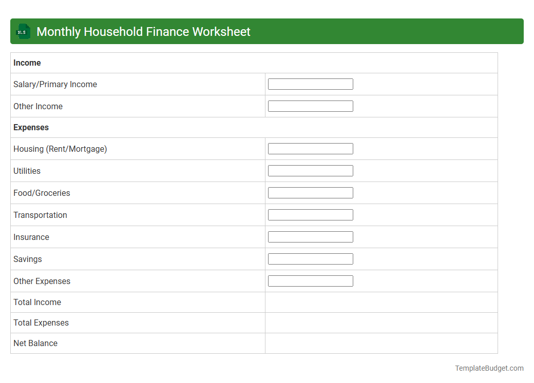 Monthly Household Finance Worksheet