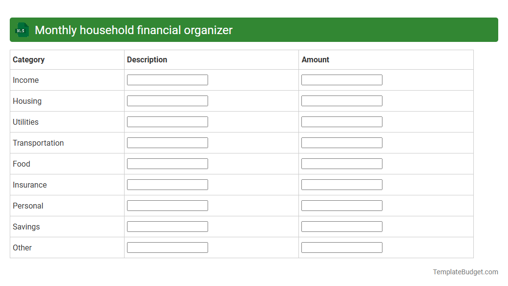 Monthly household financial organizer