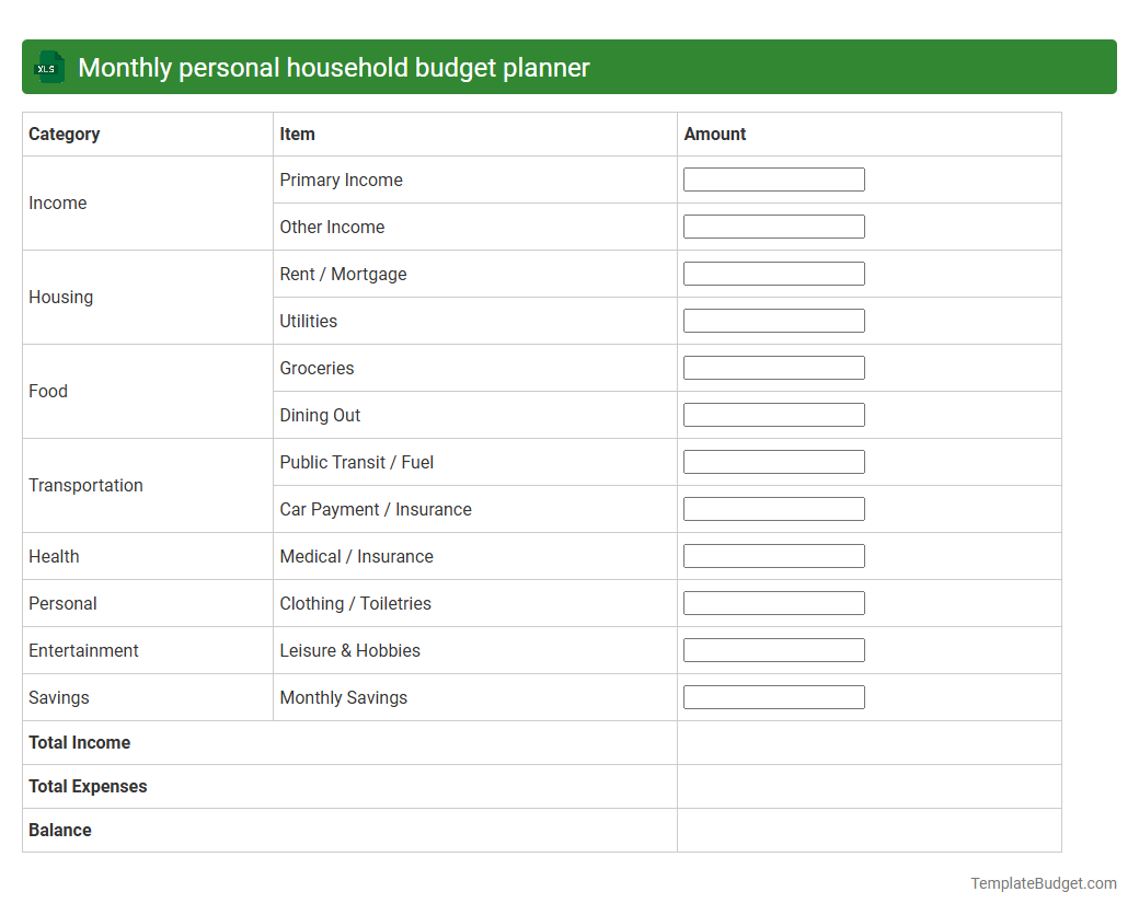 Monthly personal household budget planner