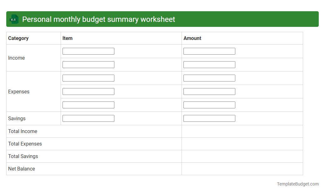Personal monthly budget summary worksheet