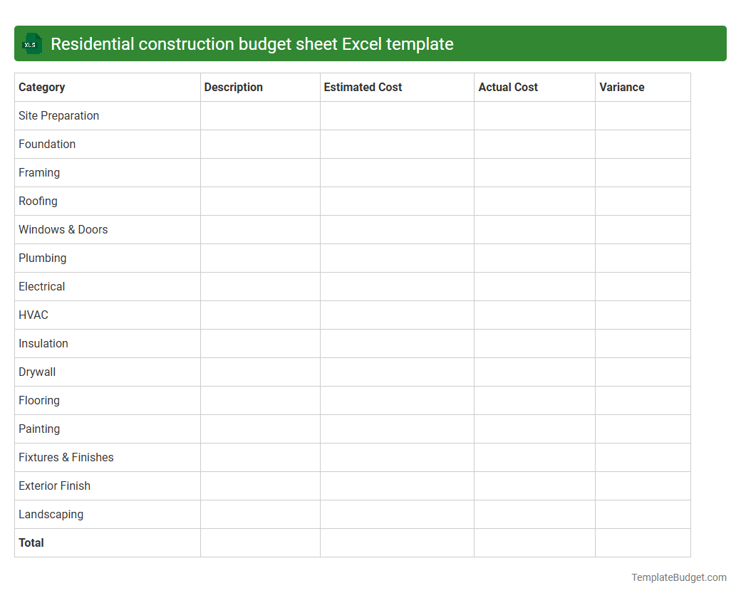 Residential construction budget sheet Excel template