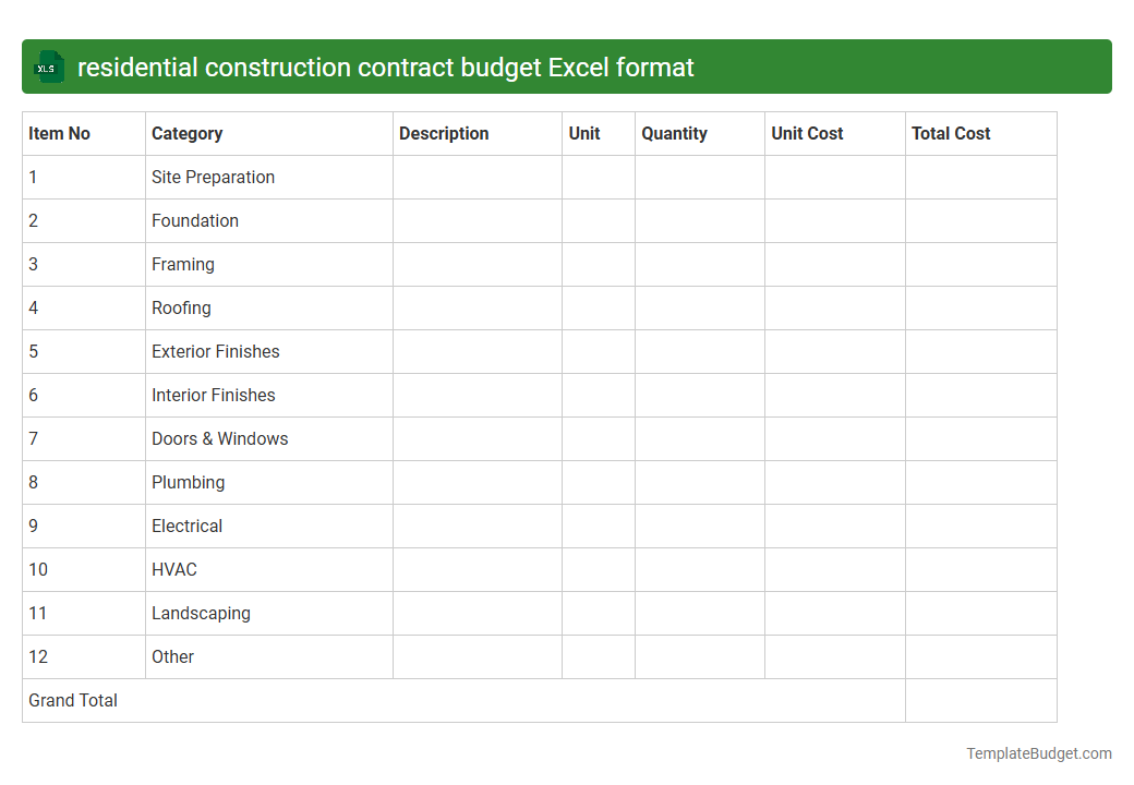 residential construction contract budget Excel format