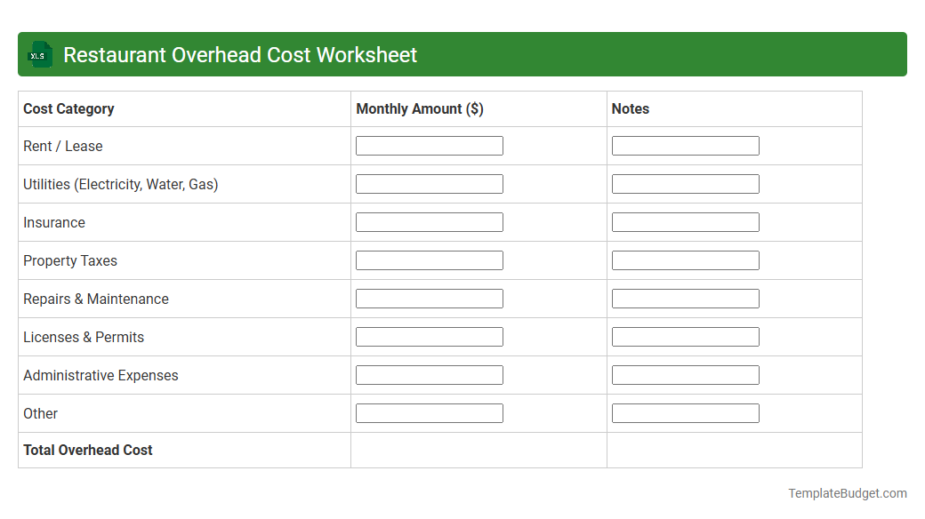 Restaurant Overhead Cost Worksheet