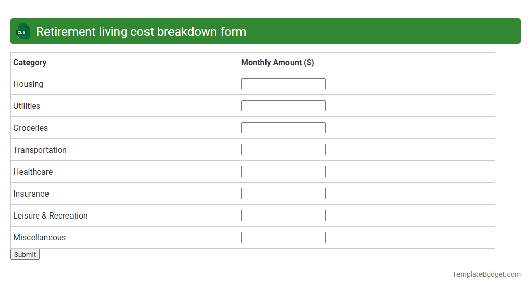 Retirement living cost breakdown form