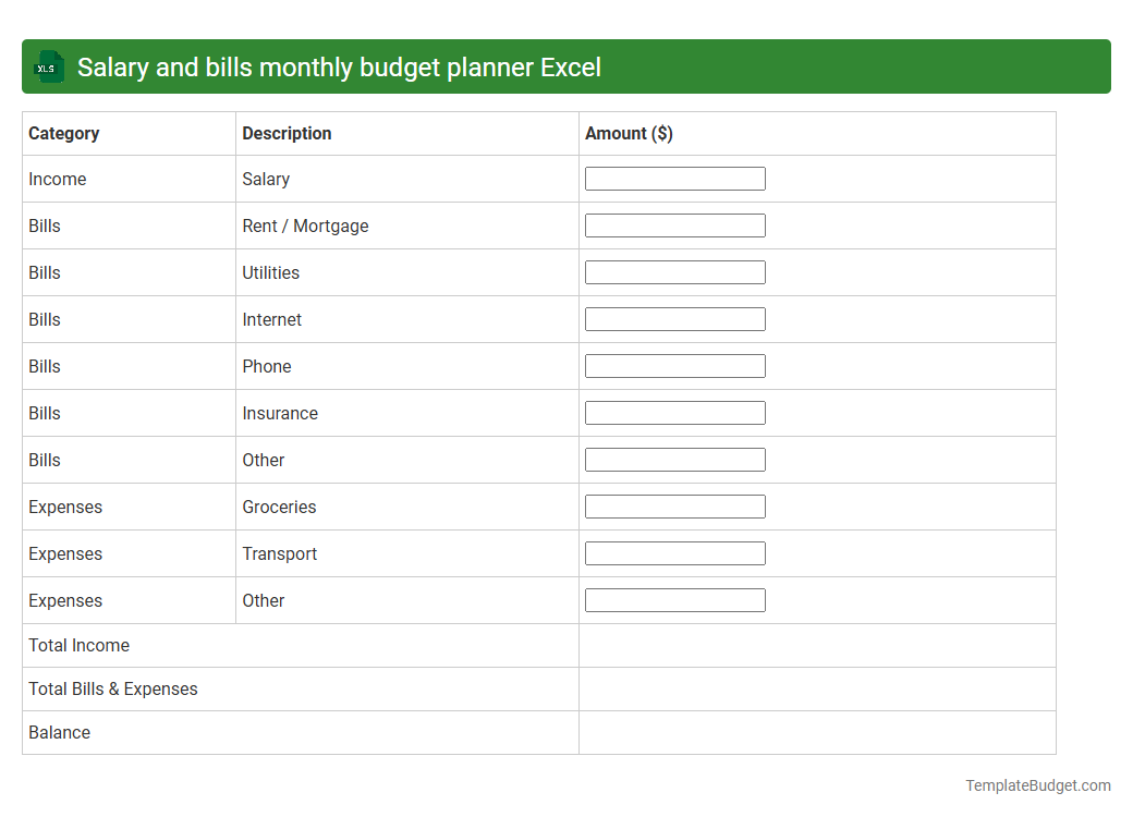 Salary and bills monthly budget planner Excel