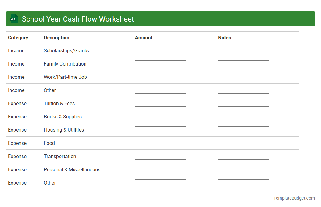 School Year Cash Flow Worksheet