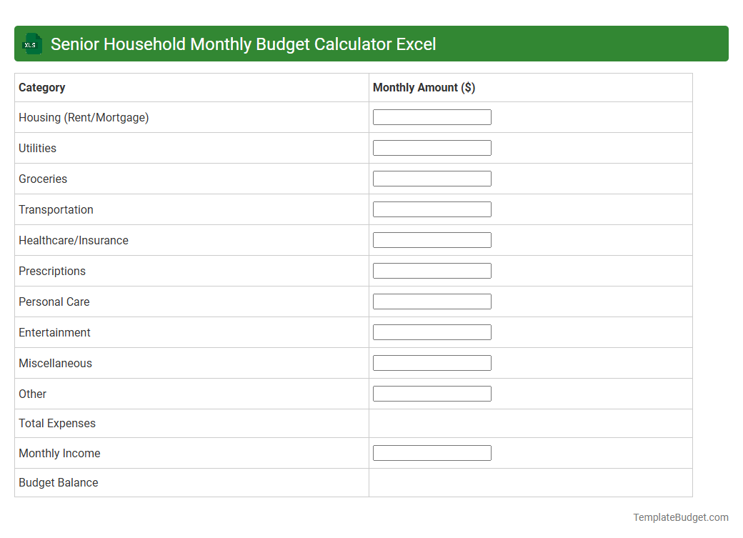 Senior Household Monthly Budget Calculator Excel