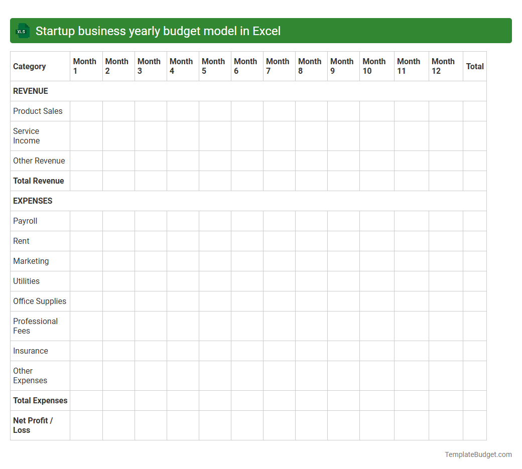 Startup business yearly budget model in Excel